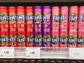 Klang, Malaysia - 10 July 2020 :ÃÂ Stacked of FANTA cans soda drink display for sell in the supermarket shelf.